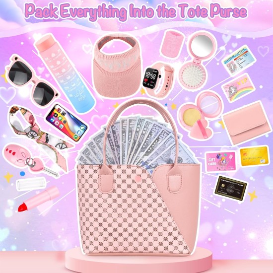 Sac à main de jeu pour petites filles, 34 pièces, sac de sport pour tout-petits avec chapeau de soleil, bracelets, bouteille d'eau, jouets de princesse, sac à main, portefeuille, maquillage pour enfants, cadeau d'anniversaire pour filles de 3, 4, 5, 6 +