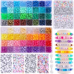 QUEFE 2350 pièces, 64 couleurs, perles de poney pour kit de fabrication de bracelets, kit de bracelets d'amitié de perles Kandi arc-en-ciel, perles de lettres et cordes élastiques pour la fabrication de bracelets et de colliers, ensemble de cadeaux artisa