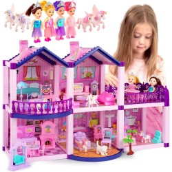 Maison de poupée avec 4 princesses, 4 licornes, chien, meubles et accessoires – Maison de poupée de rêve rose et violet pour petites filles – 5 chambres avec jardin, meubles et accessoires, cadeau pour filles de 2 à 7 ans