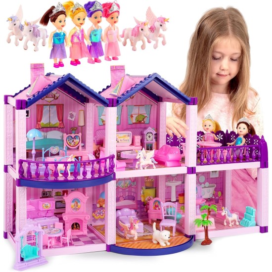 Maison de poupée avec 4 princesses, 4 licornes, chien, meubles et accessoires – Maison de poupée de rêve rose et violet pour petites filles – 5 chambres avec jardin, meubles et accessoires, cadeau pour filles de 2 à 7 ans Maison de poupée avec 4 princesses, 4 licornes, chien, meubles et accessoires – Maison de poupée de rêve rose et violet pour petites filles – 5 chambres avec jardin, meubles et accessoires, cadeau pour filles de 2 à 7 ans