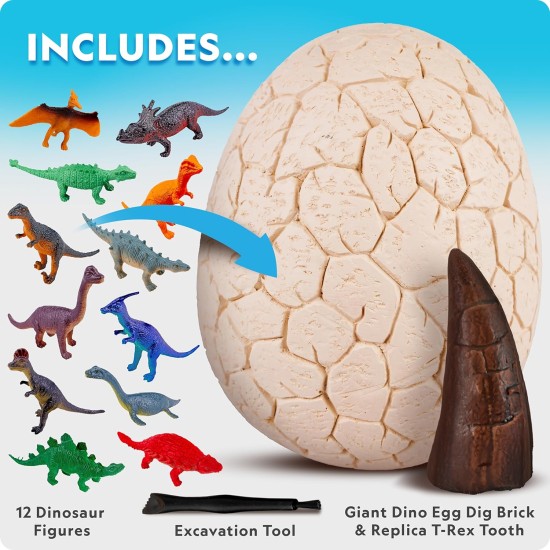 National Geographic Kit de fouille d'œufs de dinosaure géants – Excavation de 12 figurines et réplique de dent de T. Rex à partir d'une brique géante de 15,2 cm, œuf de dinosaure, kits scientifiques éducatifs, cadeaux pour garçons et filles, panier de Pâq