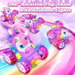 Voitures télécommandées licorne pour filles, jouets avec ailes et yeux en cristal brillants, rotation à 360 °, voiture télécommandée, voiture de cascade licorne, cadeaux d'anniversaire, panier de Pâques pour filles de 3, 4, 5, 6, 7, 8, 9, 10 ans