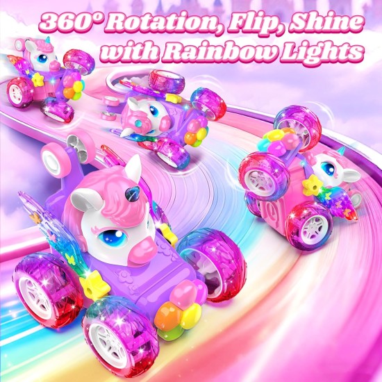 Voitures télécommandées licorne pour filles, jouets avec ailes et yeux en cristal brillants, rotation à 360 °, voiture télécommandée, voiture de cascade licorne, cadeaux d'anniversaire, panier de Pâques pour filles de 3, 4, 5, 6, 7, 8, 9, 10 ans