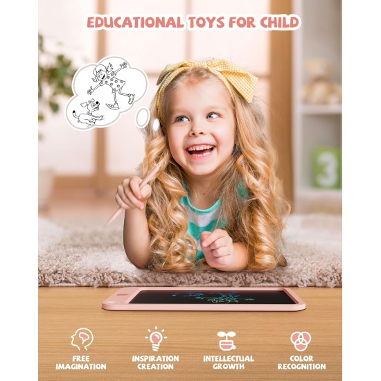 Tablette d'écriture LCD 10 pouces, jouets pour garçons et filles de 3, 4, 5, 6, 7, 8, 9, 10 ans, tablette à dessin colorée, cadeau pour garçons et tout-petits âgés de 3 à 12 ans, tableau mémo, blocs-notes avec cordon (rose)