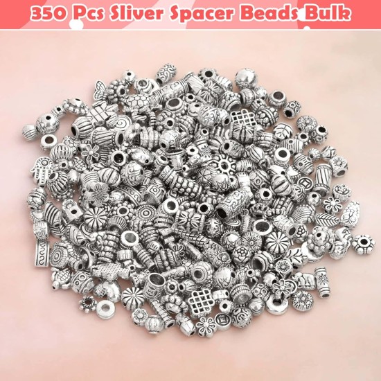 350 pièces de perles d'espacement en argent pour la fabrication de bijoux, perles métalliques mélangées en vrac de styles aléatoires pour bracelets, colliers, boucles d'oreilles, fabrication de bijoux