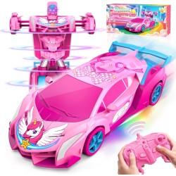 Voitures RC de transformation de licorne pour filles, jouets avec yeux arc-en-ciel et lumières sous le corps, rotation rapide à 360 ° et voiture télécommandée robot 2,4 GHz, déformation à un bouton, panier de Pâques pour filles de 3 à 12 ans
