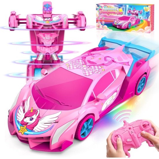 Voitures RC de transformation de licorne pour filles, jouets avec yeux arc-en-ciel et lumières sous le corps, rotation rapide à 360 ° et voiture télécommandée robot 2,4 GHz, déformation à un bouton, panier de Pâques pour filles de 3 à 12 ans