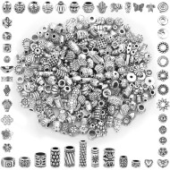 350 pièces de perles d'espacement en argent pour la fabrication de bijoux, perles métalliques mélangées en vrac de styles aléatoires pour bracelets, colliers, boucles d'oreilles, fabrication de bijoux