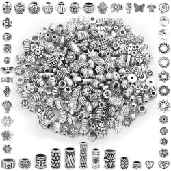 350 pièces de perles d'espacement en argent pour la fabrication de bijoux, perles métalliques mélangées en vrac de styles aléatoires pour bracelets, colliers, boucles d'oreilles, fabrication de bijoux