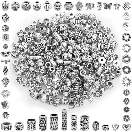 350 pièces de perles d'espacement en argent pour la fabrication de bijoux, perles métalliques mélangées en vrac de styles aléatoires pour bracelets, colliers, boucles d'oreilles, fabrication de bijoux
