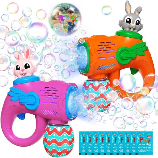 Pistolet à bulles pour enfants, lot de 2 souffleurs à bulles avec 10 recharges de solution à bulles, machine à bulles automatique pour les tout-petits à partir de 3 ans, cadeaux de fête en plein air et de Pâques pour garçons et filles