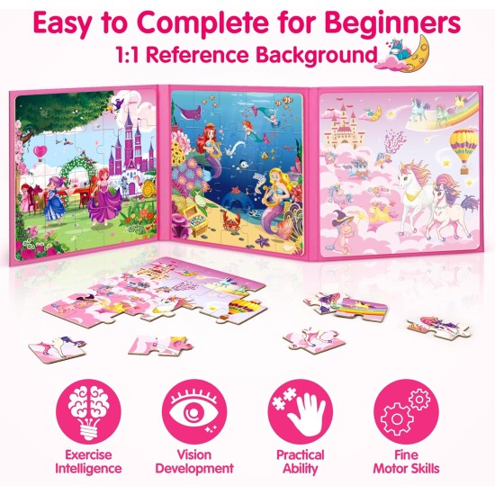 SYNARRY Puzzles magnétiques Licorne Sirène Princesse pour les tout-petits de 3 à 5 filles, 20 pièces de puzzles de voyage pour les enfants âgés de 4 à 6 ans, Jouets d'activités de voyage en voiture, en avion pour les filles de 3, 4, 5 et 6 ans, cadeaux d'