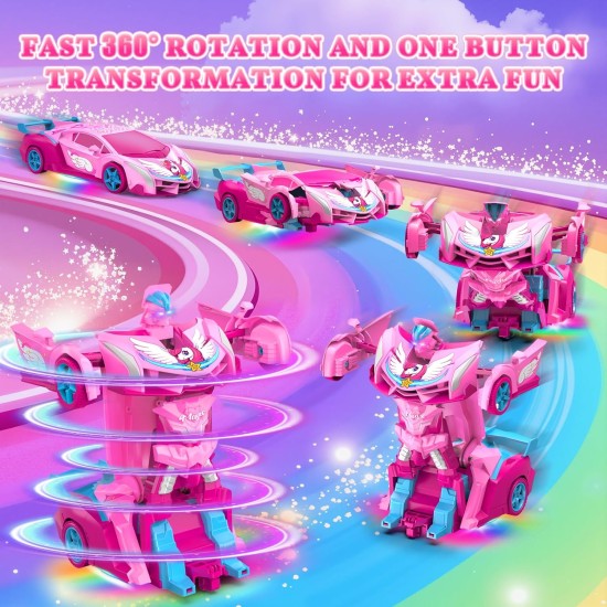 Voitures RC de transformation de licorne pour filles, jouets avec yeux arc-en-ciel et lumières sous le corps, rotation rapide à 360 ° et voiture télécommandée robot 2,4 GHz, déformation à un bouton, panier de Pâques pour filles de 3 à 12 ans