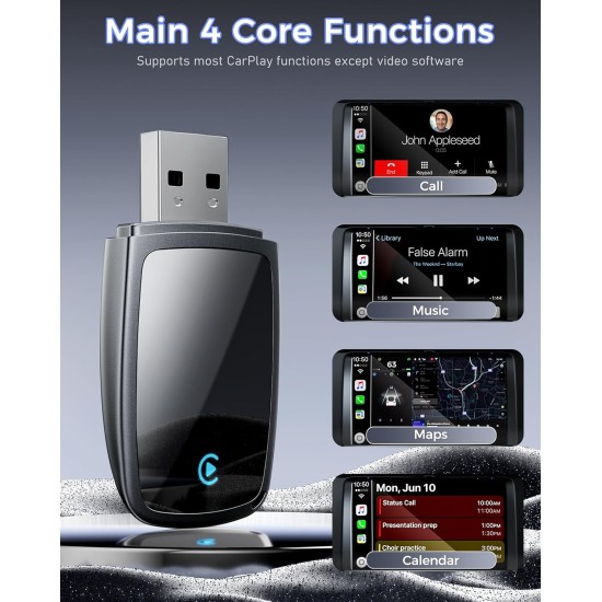 Adaptateur CarPlay sans fil pour Apple iPhone (mise à niveau 2026) - Convertissez CarPlay filaire en adaptateur sans fil CarPlay, connexion stable compatible avec les véhicules CarPlay filaires OEM et iOS 10+ (noir)