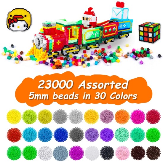 Inscraft Kit de 23 000 perles à repasser pour travaux manuels pour enfants, 30 couleurs de perles en fer avec 3 panneaux perforés, 5 papiers à repasser, 10 motifs, cadeaux pour anniversaire, Noël, kit de recharge en vrac de perles fondantes multicolores d