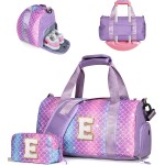Trucs pour filles - Cadeaux d'anniversaire pour filles de 4, 5, 6, 7, 8, 9, 10, 11, 12, 13 ans, sac de sport avec compartiment à chaussures, sacs de danse avec pochette de maquillage, objets preppy pour petits-enfants (lettre E)