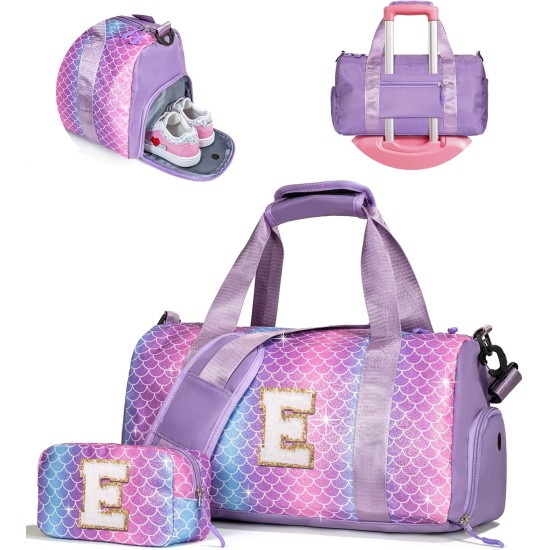 Trucs pour filles - Cadeaux d'anniversaire pour filles de 4, 5, 6, 7, 8, 9, 10, 11, 12, 13 ans, sac de sport avec compartiment à chaussures, sacs de danse avec pochette de maquillage, objets preppy pour petits-enfants (lettre E)