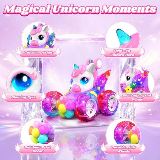 Voitures télécommandées licorne pour filles, jouets avec ailes et yeux en cristal brillants, rotation à 360 °, voiture télécommandée, voiture de cascade licorne, cadeaux d'anniversaire, panier de Pâques pour filles de 3, 4, 5, 6, 7, 8, 9, 10 ans