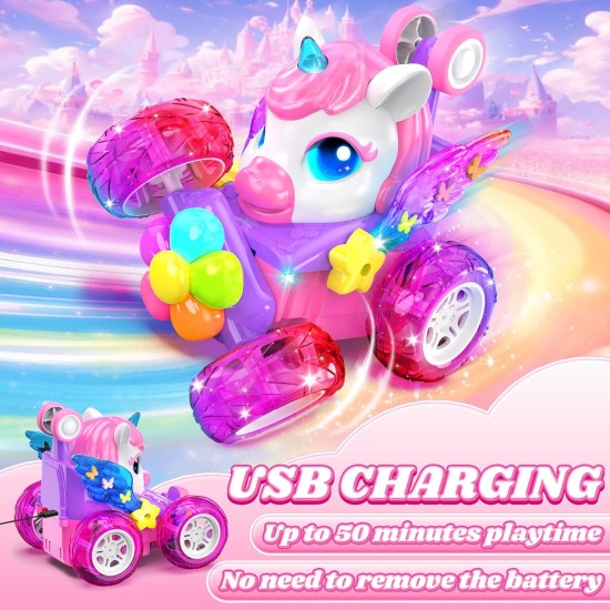 Voitures télécommandées licorne pour filles, jouets avec ailes et yeux en cristal brillants, rotation à 360 °, voiture télécommandée, voiture de cascade licorne, cadeaux d'anniversaire, panier de Pâques pour filles de 3, 4, 5, 6, 7, 8, 9, 10 ans