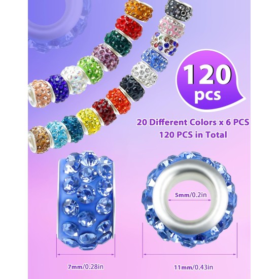 FIVEIZERO Lot de 120 perles à grand trou en strass pour la fabrication de bijoux, 20 couleurs de strass européens, perles d'espacement en vrac pour stylos à perles, loisirs créatifs