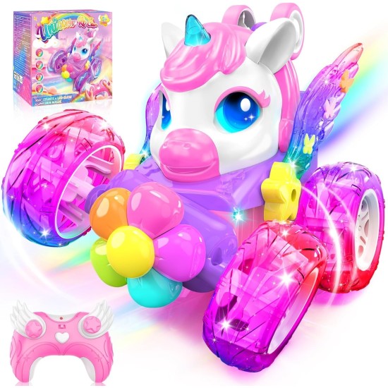 Voitures télécommandées licorne pour filles, jouets avec ailes et yeux en cristal brillants, rotation à 360 °, voiture télécommandée, voiture de cascade licorne, cadeaux d'anniversaire, panier de Pâques pour filles de 3, 4, 5, 6, 7, 8, 9, 10 ans