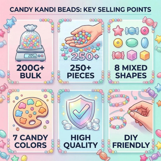 200 g + bonbons en vrac assortis de jolies perles Kandi pour la fabrication de bijoux, kit de fabrication de bracelets, fournitures artisanales, perles de charme (mélange II)