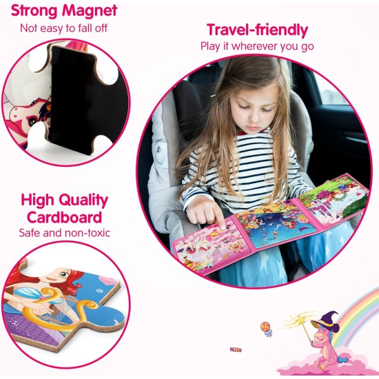SYNARRY Puzzles magnétiques Licorne Sirène Princesse pour les tout-petits de 3 à 5 filles, 20 pièces de puzzles de voyage pour les enfants âgés de 4 à 6 ans, Jouets d'activités de voyage en voiture, en avion pour les filles de 3, 4, 5 et 6 ans, cadeaux d'
