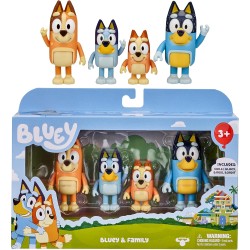 Bluey Family Figure Pack de 4, jouets de personnages articulés robustes avec figurines de bingo, de piment et de bandit, figurines d'animaux de la taille des tout-petits pour les enfants à partir de 3 ans